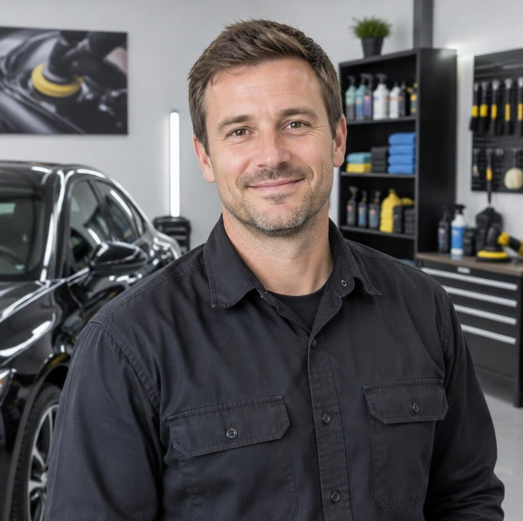 Portrait of a smiling man in a dark work shirt in a car workshop