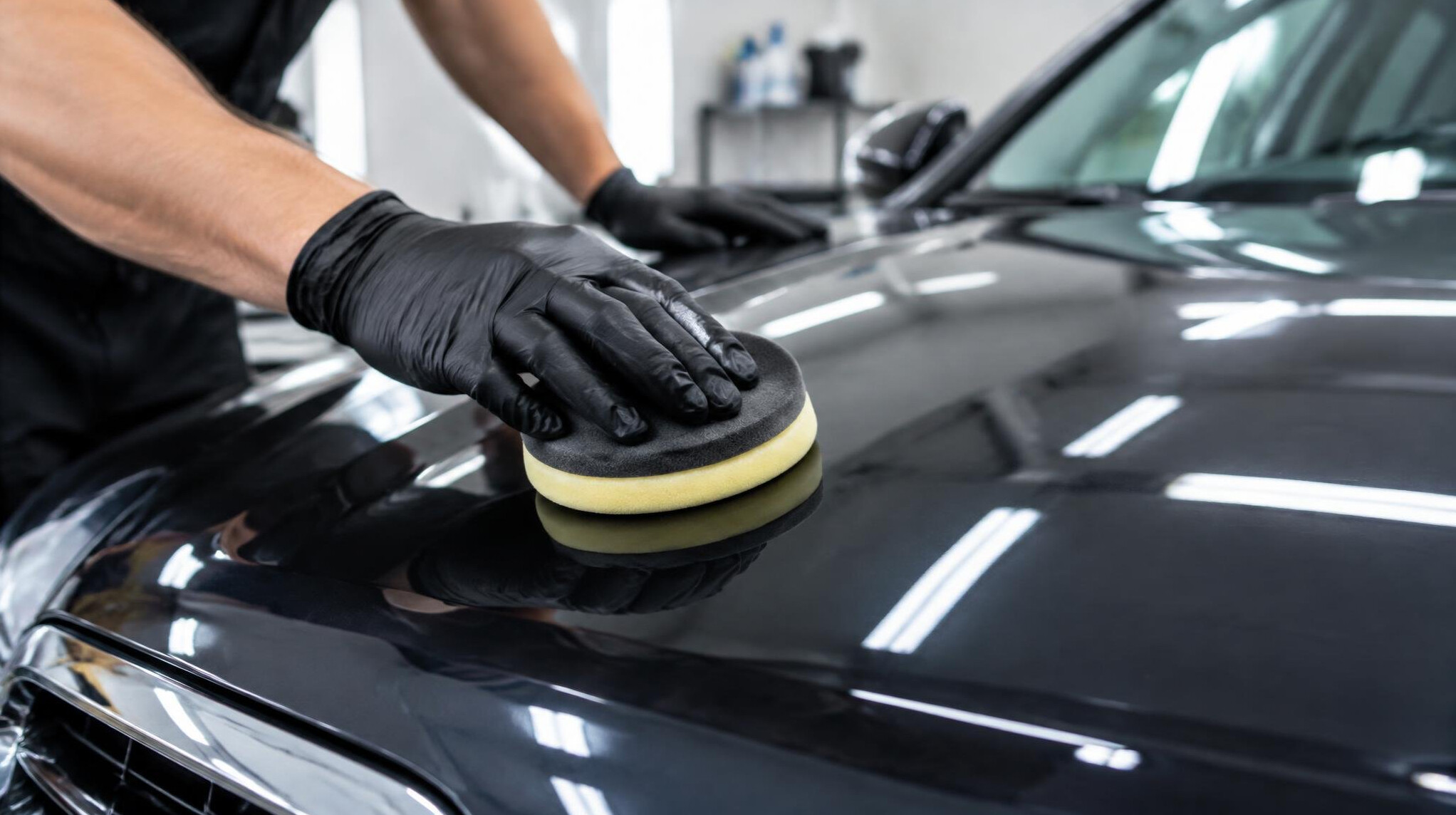 Car being carefully cleaned and prepared for polishing